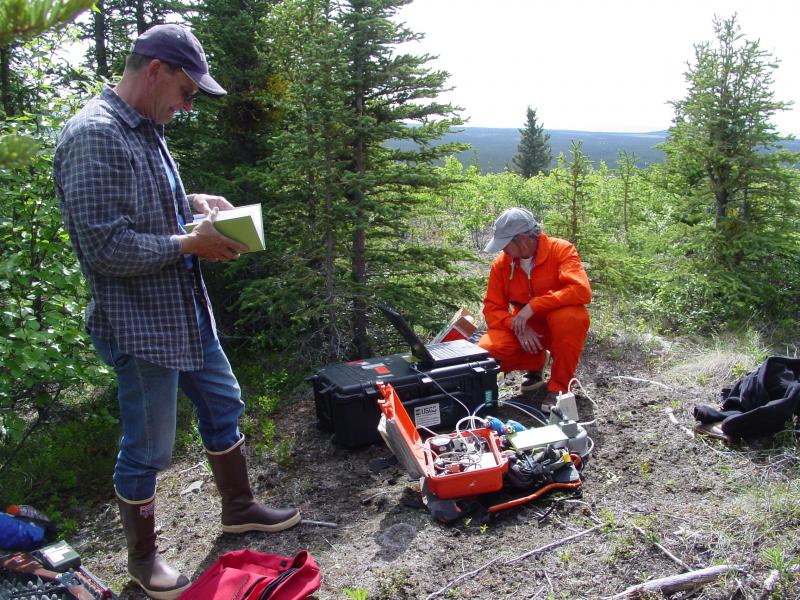 Bill Evans and Deb Bergfeld preparing to measure CO2 gas seeping out of the soil on Shrub mud volcano.