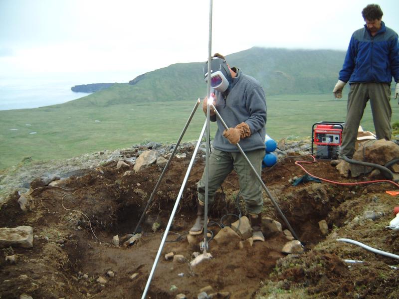 Akutan Island geophysics station installation, photograph courtesy of Jeff Wynn.