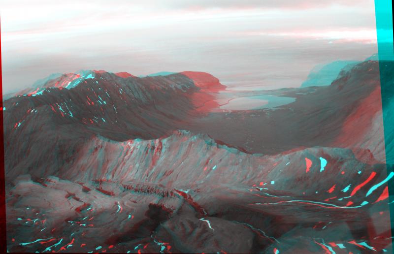 Anaglyph (3D) image of Akutan Island. For best viewing, use red-blue glasses with left eye red. Photographs courtesy of Jeff Wynn; anaglyph creation courtesy of Peter Lipschutz.				