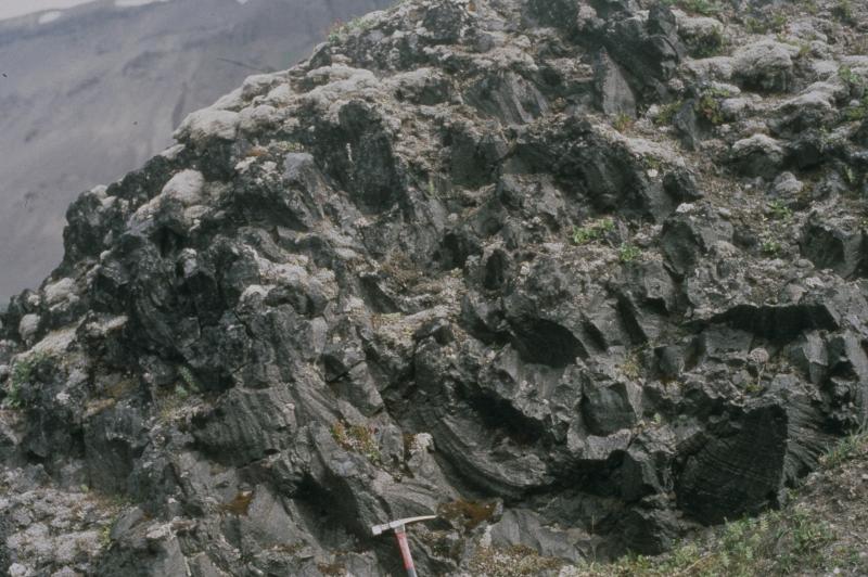 		Outcrop photo from Aniakchak's Bolshoi Dome. Location is West of summit. Photo courtesy of Tina Neal, USGS.		