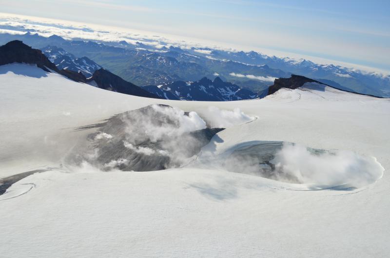 Photographs of craters and fumaroles at the summit of Makushin volcano, Unalaska Island, Alaska.