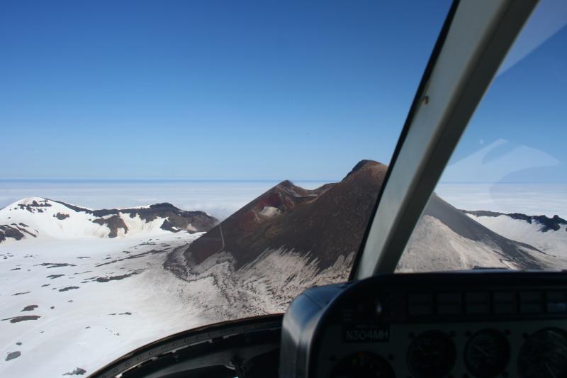 Aerial view of Akutan's summit caldera and intracaldera cone.