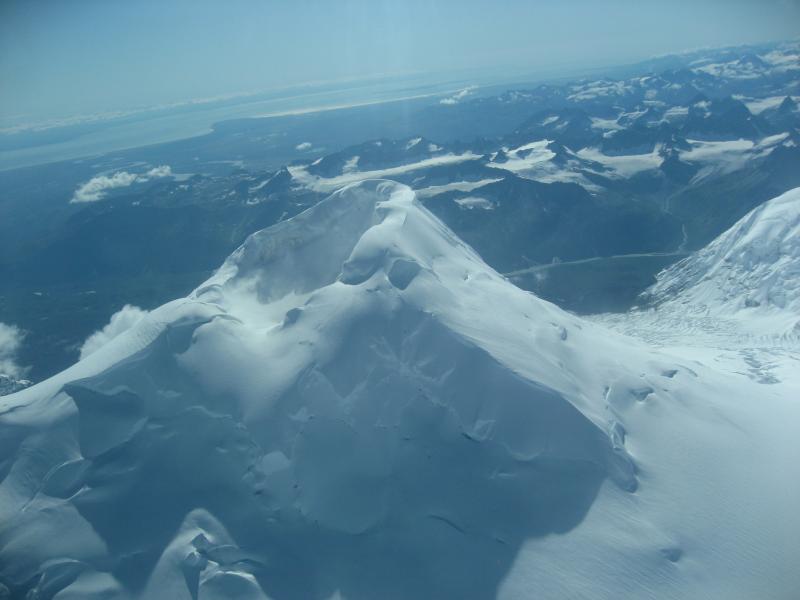 Aerial view from N of the summit of Mount Spurr volcano.  