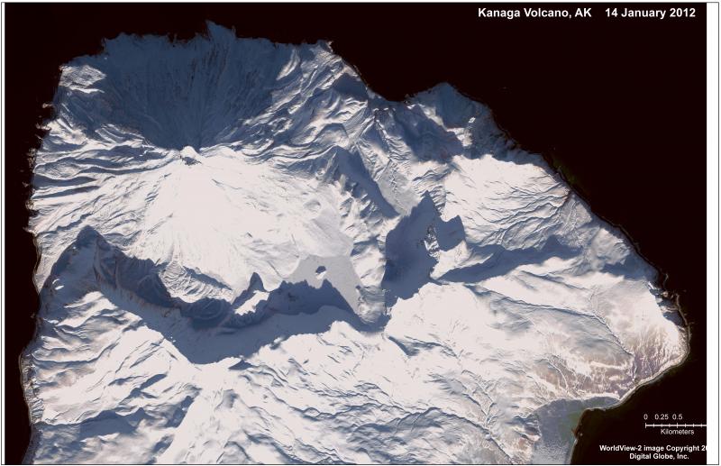 High resolution satellite image of Kanaga Volcano from January 14, 2012. This image shows no obvious surface evidence of volcanic unrest 5 weeks before AVO detected possible explosions on February 18. 