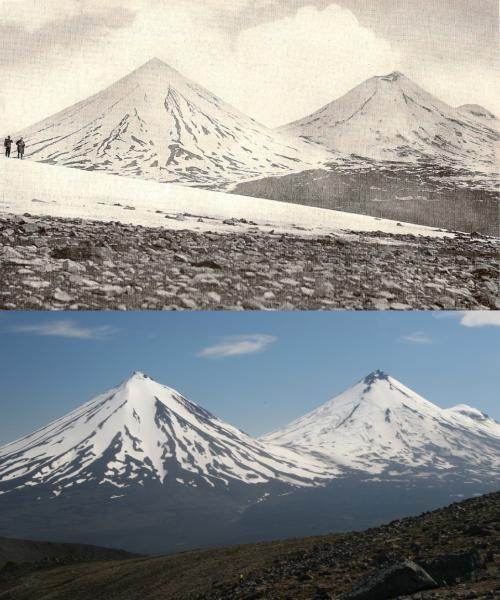 Close but not perfect comparison of photos of Pavlof Volcano from 1928 (top) and 2005 (bottom)showing change in the summit morphology.  The 1928 image is a scan of a photo from Thomas Jaggar's expedition article in National Geographic Magazine (January 1929 volume, article entitled 'Mapping the Home of the Great Brown Bear').  The 2005 image is by Chris Waythomas.  