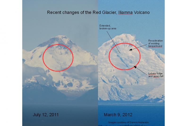 Increased crevassing of the upper Red Glacier was first noticed by Dennis Anderson of Homer AK on March 7th 2012.  This indicates a possible increased rate of glacier creep or flow, but may just be normal activity for the Red Glacier.  The area in question is the source region for typical large ice and snow avalanches, but this time, one did not result.  Note: 2011-2012 has been a particularly snowy winter!