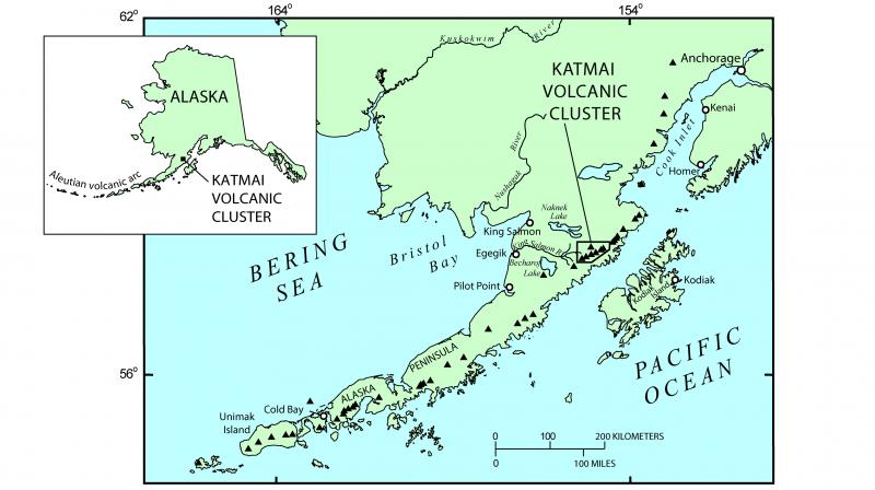 Location of the Katmai Volcanic Cluster on the Alaska Peninsula. Map modified from Adleman, Jennifer, 2002, The great eruption of 1912: National Park Service Alaska Park Science Winter 2002, Anchorage, AK, http://www.arlis.org/docs/vol1/52558645/52558645v1no1.pdf , p. 4-11.