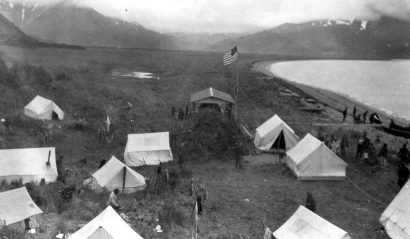 Photograph of Novarupta-Katmai eruption refugee camp established by Captain Perry of the U.S. Revenue Service cutter Manning. Photo taken by G.C. Martin, U.S. Geological Survey. This image is image 00700 in the U.S.G.S. photolibrary.