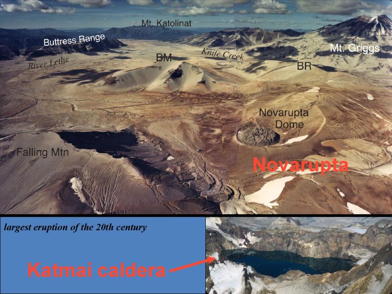 Aerial views of the Novarupta dome and the Valley of Ten Thousand Smokes, and Katmai caldera. 