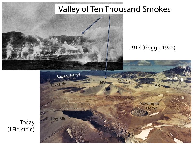 Photographic comparison of the Valley of Ten Thousand smokes in 1917 and modern day. The 1917 photograph is published in Griggs, 1922. 