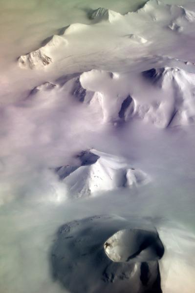 Korovin and Kliuchef Volcanoes on Atka Island viewed from an Alaska Airlines 737 en route to Adak, Alaska.