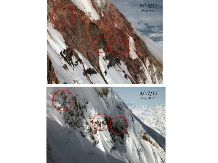 Comparison of images of east flank fumaroles taken 3/17/12 and 8/13/12.  In March, during the period of elevated seismicity and gas emissions, the fumaroles were more numerous and vigorous than in August.