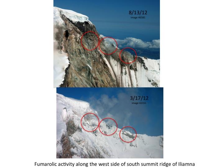 Comparison of images of south flank fumaroles taken 3/17/12 and 8/13/12.  In March, during the period of elevated seismicity and gas emissions, the fumaroles were more numerous and vigorous than in August.  