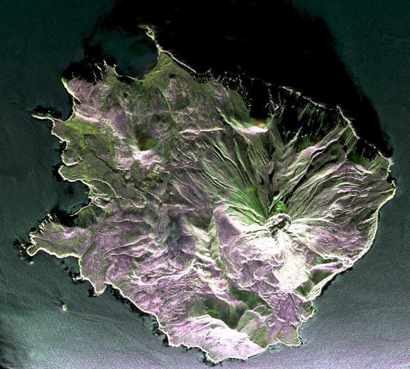 NASA UAVSAR false color image of Little Sitkin collected by a NASA flight on July 22, 2009. 

UAVSAR is a reconfigurable, polarimetric L-band synthetic aperture radar (SAR) specifically designed to acquire airborne repeat track SAR data for differential interferometric measurements. 

See this link for the original data:
  http://uavsar.jpl.nasa.gov/cgi-bin/product.pl?jobName=aleutn_27702_09050_004_090722_L090_CX_01#data