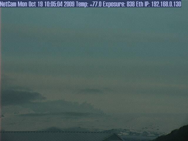 Webcam image of voluminous steam plume rising from the intracaldera cone within Veniaminof Volcano.  A PIREP from a Coast Guard flight over Bristol Bay first reported the plume.