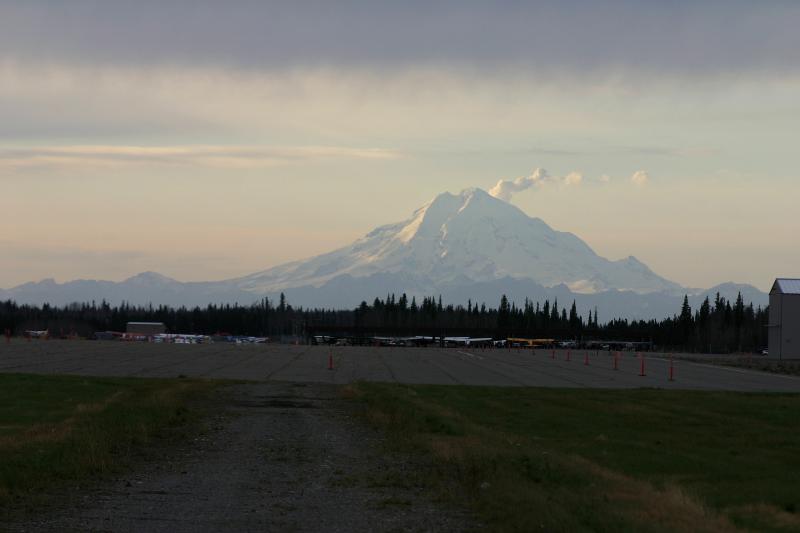 Mount Redoubt, with visible fumarolic activity, as viewed from Soldotna on October 13, 2012. Photograph courtesy of Michael Gravier.