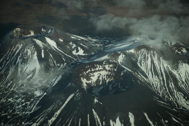 Close-view of the three summits of Mount Cerberus, a large, young, post-caldera vent cluster that dominates the interior of the caldera basin. Semisopochnoi Island, in November 2012. Photograph courtesy of Roger Clifford.