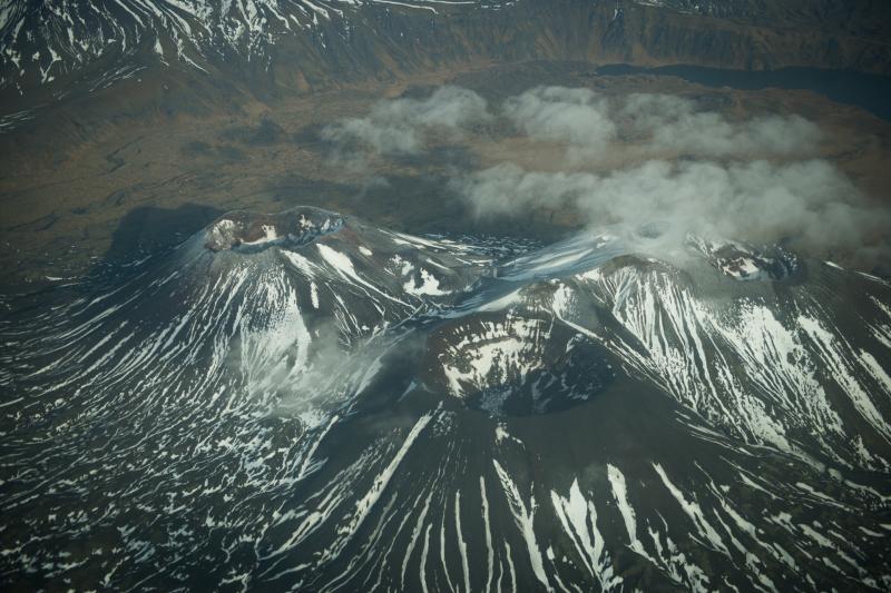 Three peaks of Mount Cerberus, Semisopochnoi Island, in November 2012. Photograph courtesy of Roger Clifford. Cerberus is one of several post-caldera cones that show evidence of recent activity. View is to the northeast, Fenner Lake in the distance.  