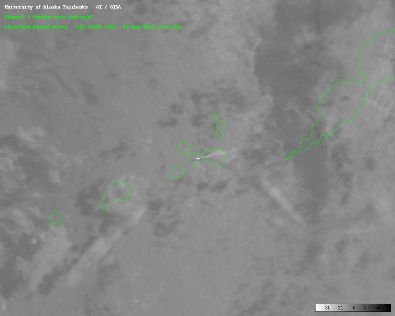 AVHRR satellite image of Cleveland volcano, May 4, 2013. Image is from 16:43 UTC/8:43 AKDT. This image shows a thermal anomaly at Cleveland&#039;s summit and a small, low-level eruption plume trailing to the east. The thermal anomaly appears as a white dot in the center of the image.