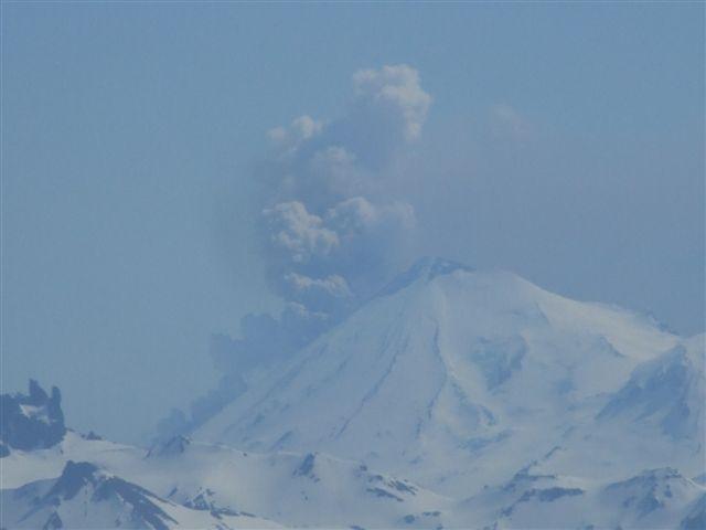 View of Pavlof's plume, about noon on May 14, 2013. Photograph courtesy of Jeffrey Doerning. Photograph taken from Cold Bay, which lies about 36 miles southwest of Pavlof). 