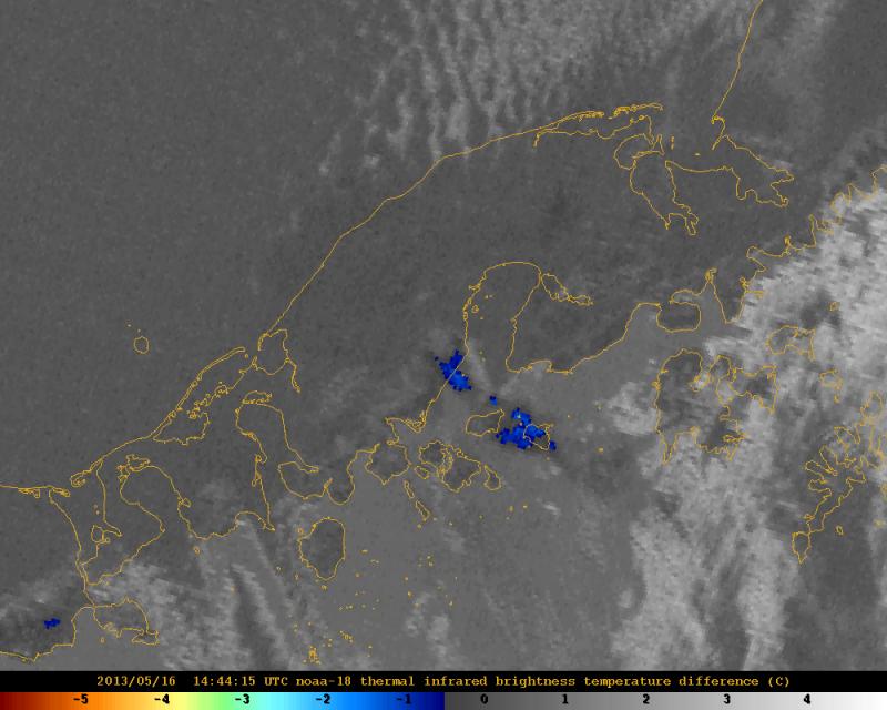 AVHRR satellite image, with brightness temperature difference method. This image of Pavlof, acquired May 16, 2013, 6:44 am AKDT, shows Pavlof&#039;s ash plume drifting southeast from the volcano (blue pixels).