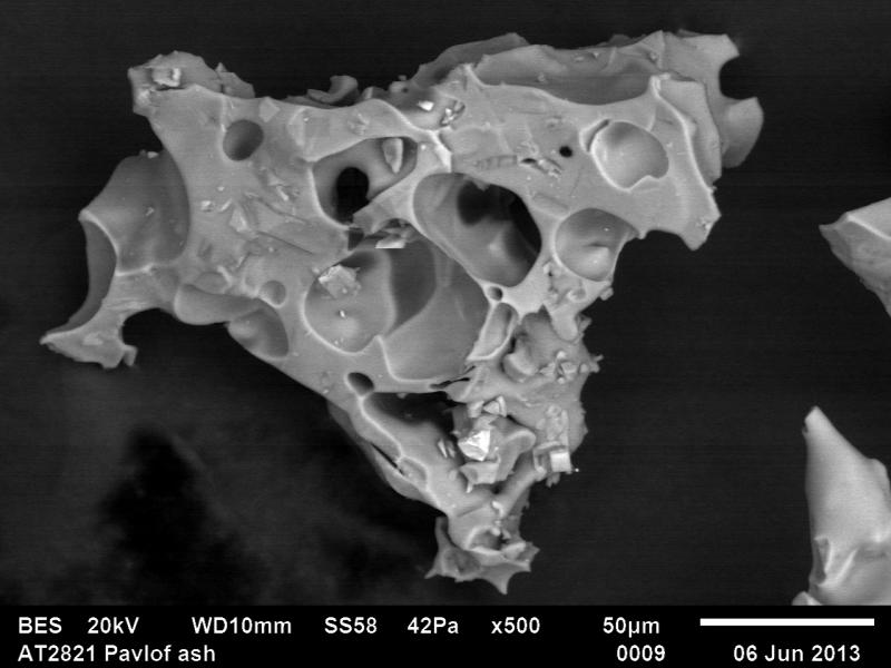 Backscattered electron image of ash erupted from Pavlof volcano, collected in Sand Point on the night of 5/18 to 5/19 by Sand Point resident Kathleen Harper. The ash is composed almost exclusively of juvenile vesicular glassy particles with few crystals. 