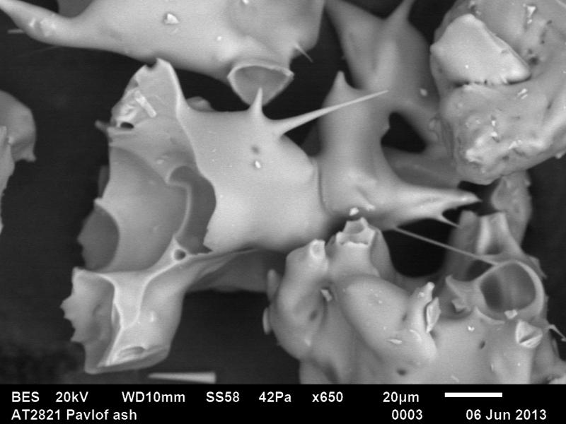Scanning electron microscope image of the ash collected in Sand Point overnight May 18-19, 2013, shows the sharp, glassy characteristic of volcanic ash, which contributes to its abrasiveness. Scanning electron microscope image by Michelle Coombs, USGS/AVO, June 6, 2013.