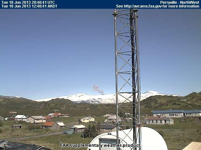 Ash emission from Veniaminof's active cone, June 18, 2013. Photo via the FAA's Perryville NW webcam.