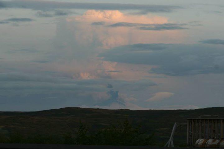 Photo of Pavlof Volcano taken on June 25, 06:30 AKDT from Sand Point, Alaska.  This image shows an ash cloud and incandescence at the summit.  Incandescence is indicative of lava fountaining and is coincident with a distinct increase in seismic activity on the morning of 6/25/13.