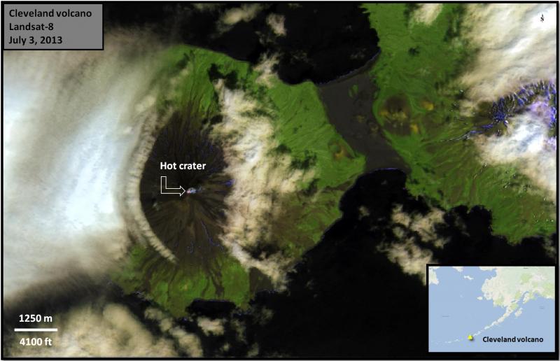 False-color composite image of Cleveland volcano collected by Landsat-8 on July 3, 2013. This image is a composite of the short-wave infrared data (to show thermal emissions) and the imaged is sharpened using visible wavelength data. High temperatures in the summit crater as shown as pink colors that are visible through a wispy steam cloud. These hot temperatures are typical for Cleveland volcano, which shows continued signs of low-level unrest.
