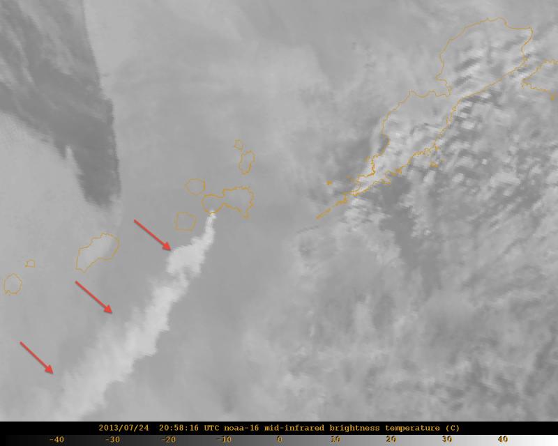 Image from the NOAA-16 satellite showing a water-rich plume from Cleveland volcano on July 24, 2013 at 20:58 UTC (12:58 pm AKDT). The plume is indicated by the arrows and extended for at least 115 km (71 miles). There was no evidence of ash in this plume, but is indicative of continued unrest at Cleveland.