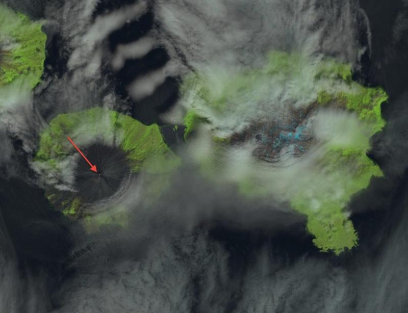 False-color composite image of Cleveland volcano collected by Landsat-8 on July 26, 2013. This image is a composite of the short-wave infrared data (to show thermal emissions) and  high temperatures in the summit crater as shown as a small red region (indicated by the arrow). These hot temperatures are likely due to the extrusion of a small lava dome that occurred during the previous week.