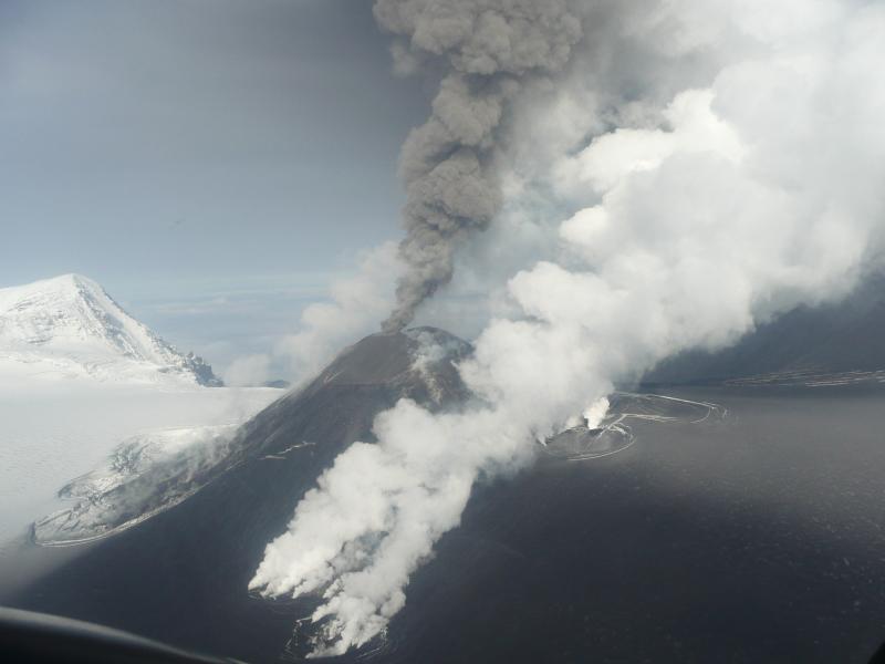 Aerial view of Veniaminof volcano erupting on September 7, 2013. Photograph by Joyce Alto.  Note the white water vapor clouds indicating hot lava is interacting with snow and ice.  A gray-brown ash column rises from the active vent. The summit ice field is darkened with recent ash fall.  