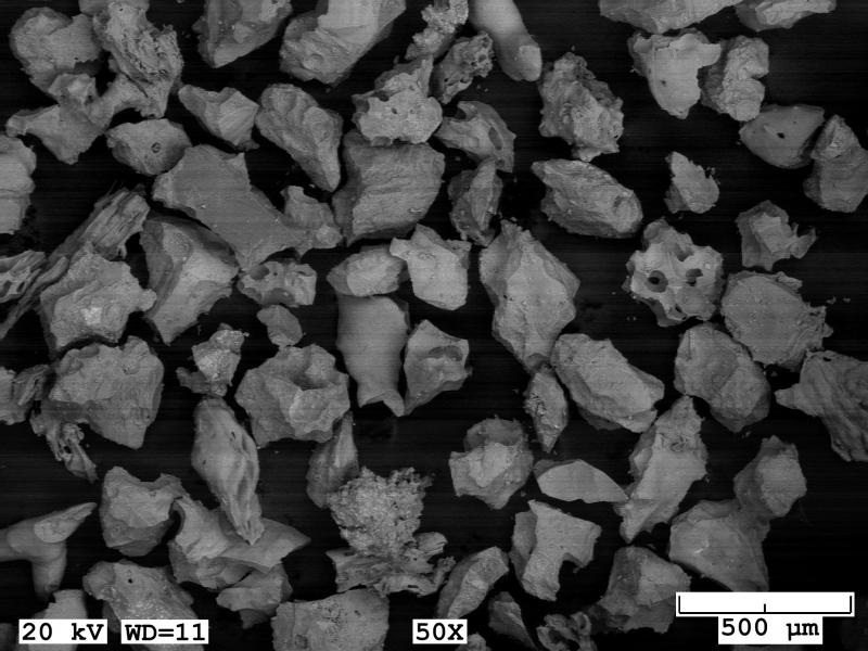 Backscattered electron image of ash erupted from Veniaminof volcano, collected near the vent on August 18, 2013 by AVO staff Game McGimsey. The ash is composed almost exclusively of juvenile vesicular and blocky glassy particles.  Microlites are visible in some glass shards.  
