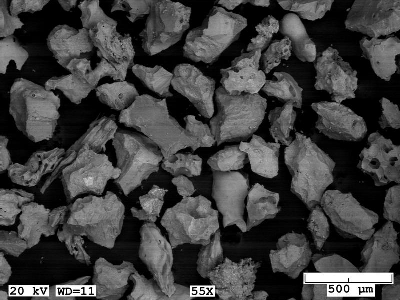 Backscattered electron image of ash erupted from Veniaminof volcano, collected near the vent on August 18, 2013 by AVO staff Game McGimsey. The ash is composed almost exclusively of juvenile vesicular and blocky glassy particles.  Microlites are visible in some glass shards.  
