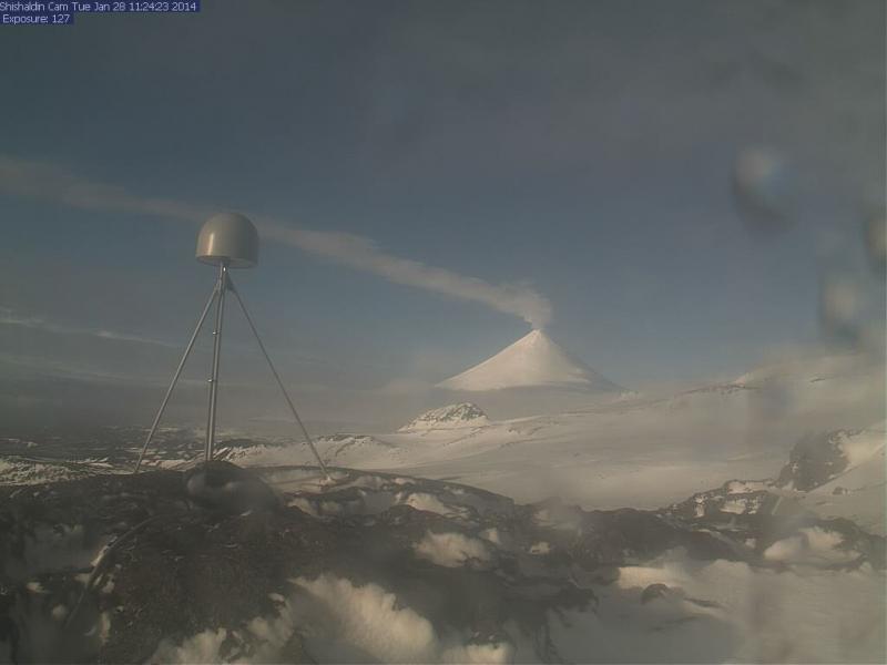 AVO webcamera on January 28, 2014 showing a steam plume rising from the summit of Shishaldin volcano.   