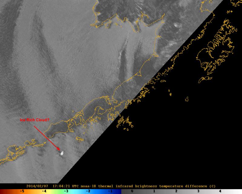 AVHRR satellite data from February 7, 2014, 1704 UTC show a drifting ice-rich cloud south of Shishaldin. Comparison of temperature data and trajectory suggest a height of 20,000 to 25,000 ft. Mid-IR data from after this event show no evidence of hot material on the flanks, suggesting that this was a gas-rich exhalation event. 