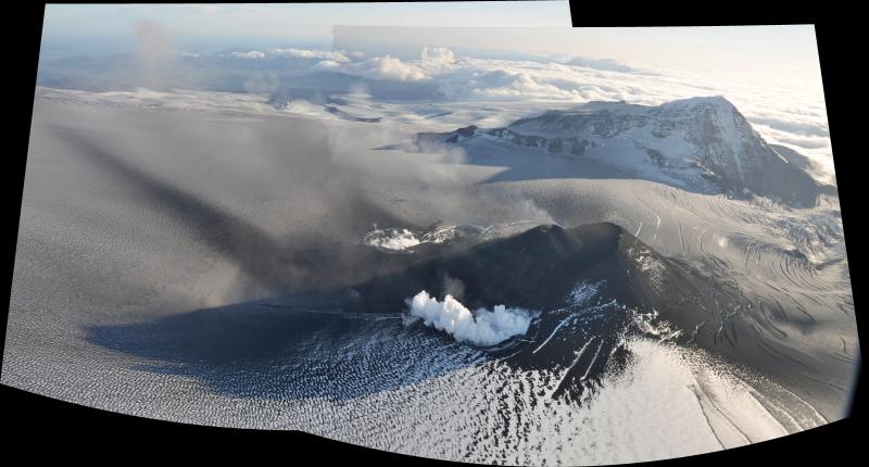 Panoramic view from the north of the active intracaldera cone of Veniaminof volcano.