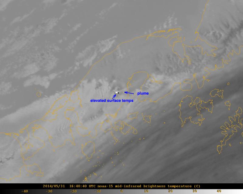 AVHRR satellite image showing elevated surface temperatures at Pavlof (white pixels are hot; the black pixel is a recovery pixel) suggesting lava at the surface. The faint white line headed northeast from the volcano is a low-level steam plume also visible in the FAA web camera located in Cold Bay. A pilot reported a gas and ash plume drifting north at 7,000 to 8,000 feet above sea level. This image was taken at 8:40 am on May 31, 2014.