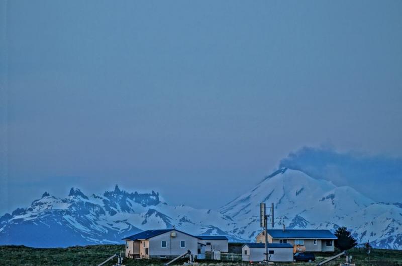 View of Pavlof eruption, 8:30 am June 1, 2014, as seen from Cold Bay. Cold Bay is approximately 36 miles SW of Pavlof. Photograph courtesy of Robert Stacy.