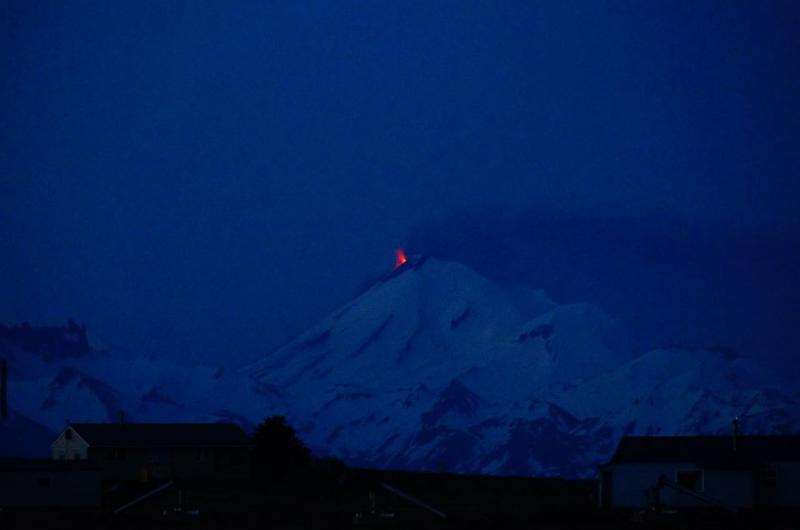 View of Pavlof eruption and incandescence, 11:45 pm June 1, 2014, as seen from Cold Bay. Cold Bay is approximately 36 miles SW of Pavlof. Photograph courtesy of Robert Stacy.