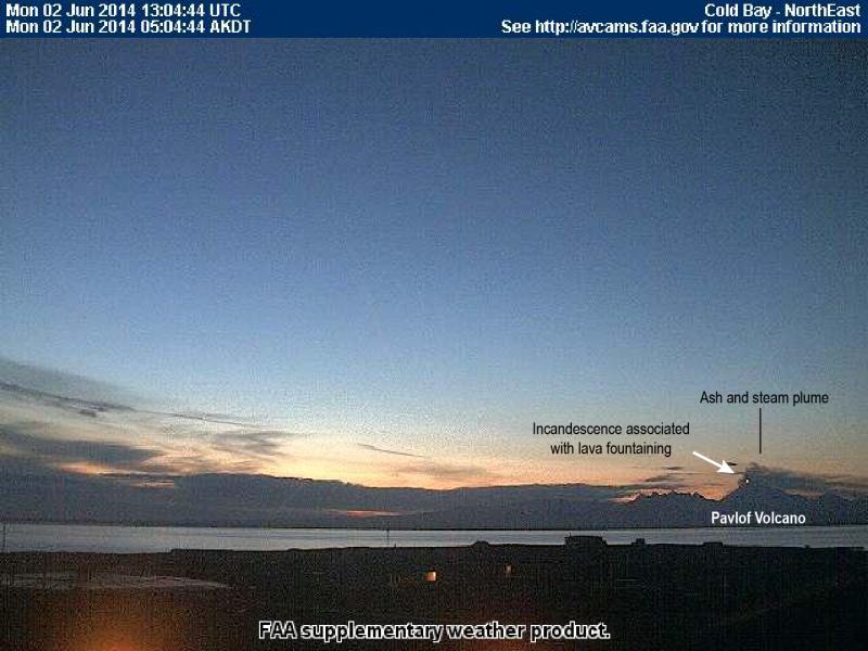 FAA web camera view of Pavlof Volcano from Cold Bay (approximately 35 miles distant) June 2, 5:04AM AKDT showing incandescence associated with lava fountaining and low-level ash and steam plume.