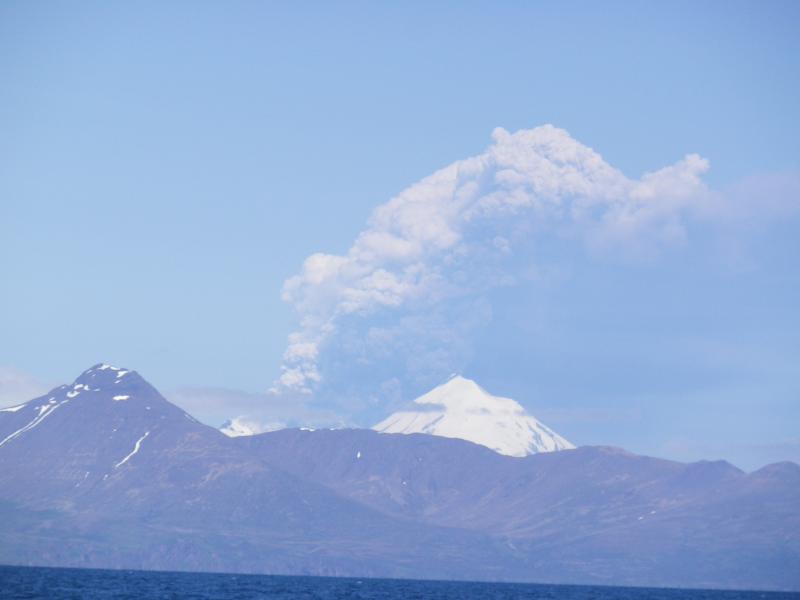 Pavlof volcano in eruption, June 2, 2014, as viewed during a boat trip between Cold Bay and Sanak Island. Photo courtesy of Julie Allan.