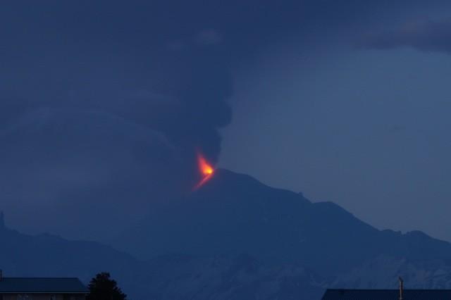 Pavlof in eruption, with lava fountaining and ash plume, early hours of June 4, 2014. View from Cold Bay. Photo courtesy of Robert Stacy.