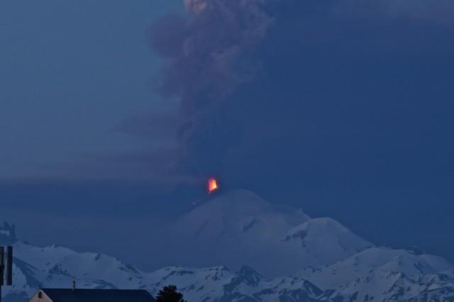 Pavlof in eruption, with lava fountaining and ash plume, early hours of June 4, 2014. View from Cold Bay. Photo courtesy of Robert Stacy.