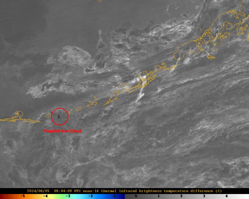 Possible ash cloud from Cleveland, generated by explosions on June 5, 2014.  Cloud is about 140 km (89 mi) southwest of the volcano.  NOAA-16 Thermal Infrared BTD image, 08:04:09 UTC (00:04:09 AKDT on June 5, 2014).