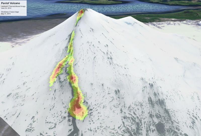 Composite satellite image of Pavlof Volcano showing the extent of the lava flows on the northeast flank. The base image was collected by the Worldview-2 satellite on May 9, 2014 (prior to the onset of eruptive activity) and is overlain (in color) with a Landsat-8 thermal infrared image collected early in the morning on June 24, 2014. The thermal infrared sensor measured the heat given off by the still-warm lava flow. The length of the longest branch of the lava flow is about 5 km (3 miles). Note that the lava flow appears to have traveled under the ice on the upper flank of the volcano. 