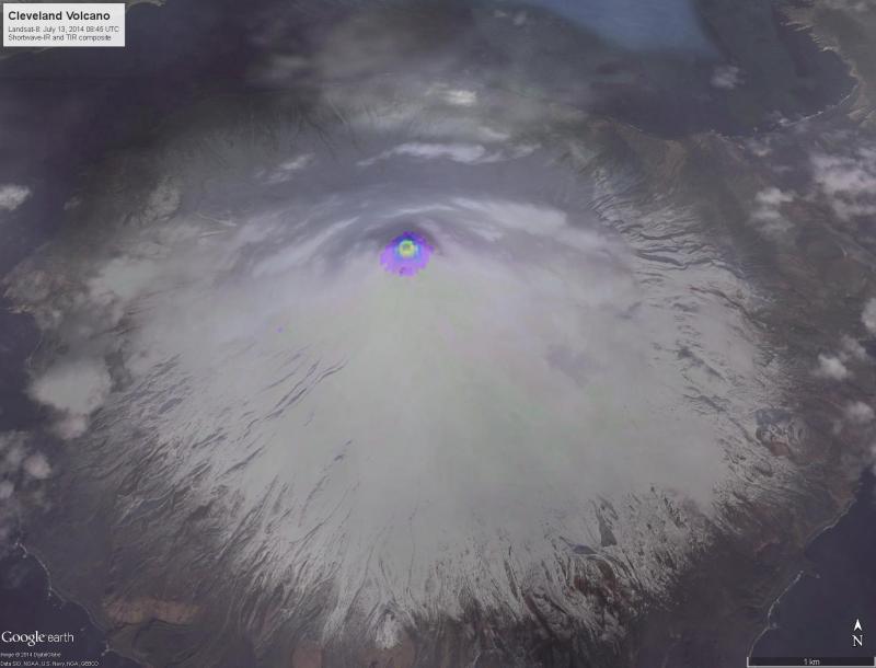 This image shows Landsat-8 shortwave-infrared data (2.2 micron wavelength; colored areas show hot ground) and thermal-infrared data (shows cloud cover in white), both overlain on the Cleveland imagery in GoogleEarth Pro. Landsat image acquired on July 13, 2014. This data shows the summit crater at Cleveland remains quite hot. Note: the slight coloration on the flank is not indicative of warm temperatures but is a data-processing artifact.
