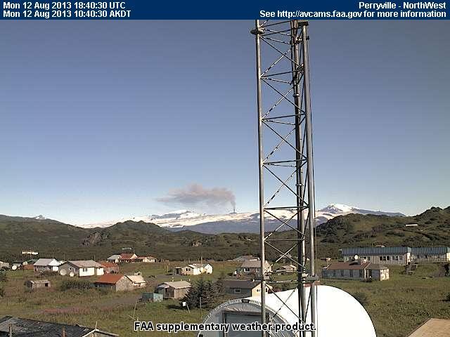 FAA web camera image from Perryville, Alaska showing an ashy plume rising from the active summit vent on the intracaldera cone of Veniaminof volcano. August 12, 2013.