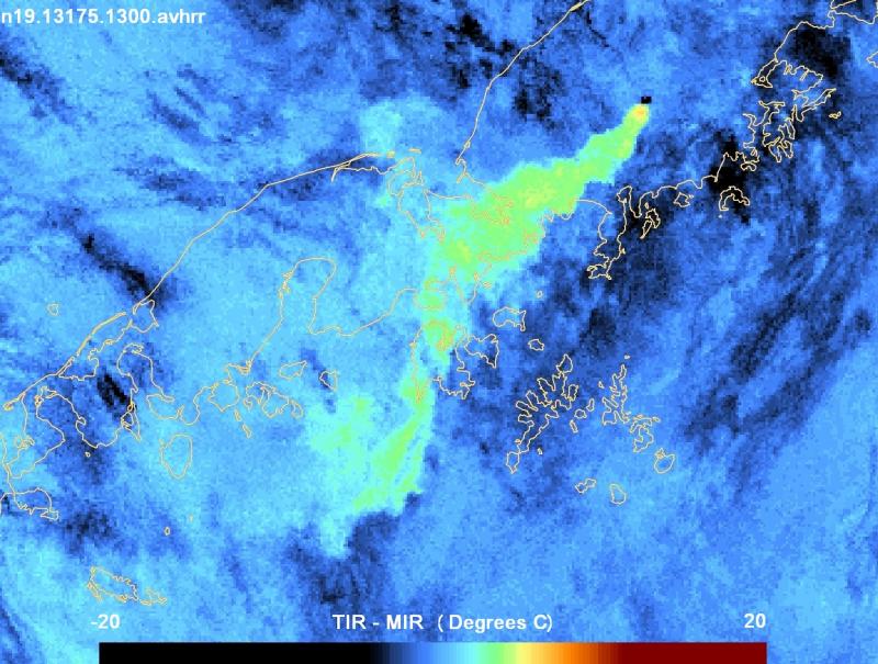 Nighttime (1300 UTC, 05:00 AKDT, on 24 June) AVHRR thermal IR minus mid IR enhancement shows an extensive, water-rich plume emanating from the intracaldera cinder cone of Veniaminof .  The plume likely results from lava interacting with snow and ice and is mainly steam, but may have contained minor ash.  